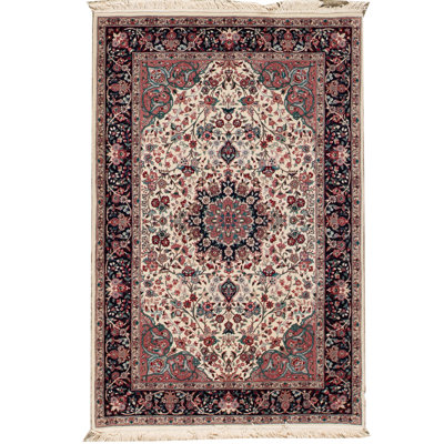 Tapis ivoire et bleu marine noué à la main de haute qualité