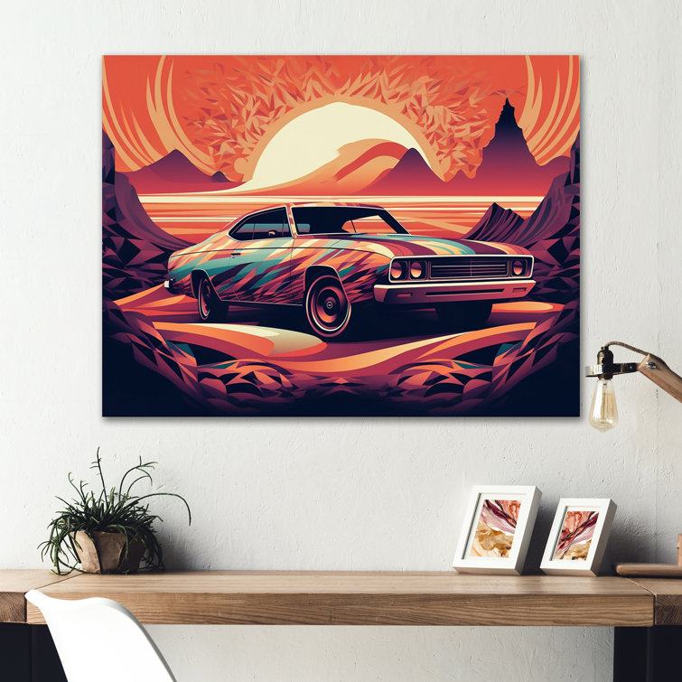 Orange and Purple Artistic Portrayals of Muscle Cars on Metal Print 17 Stories Size: 24 H x 32 W x 1 D