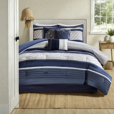 Luxurious 7 Piece Faux Silk Bedding Sets, Navy Polyester, Traditional Style For Home Use