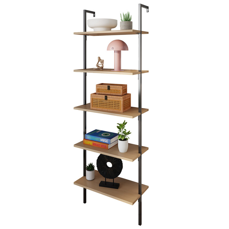 Honoria Classic Industrial 5-Shelf Wood Wall-Mounted Open Ladder Bookcase with Metal Frame, Light Oak/Black