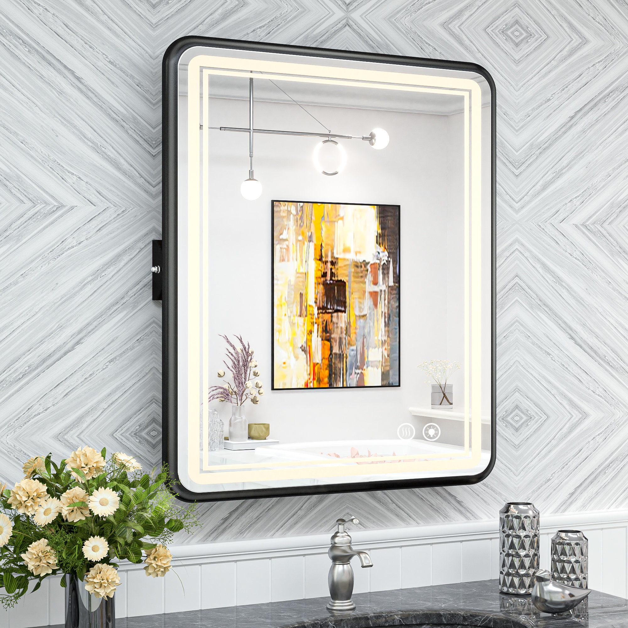 Ivy Bronx Demetrion Lighted Rectangle Pivot Bathroom Mirror with Anti