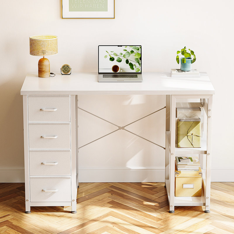 Home Office Desk with 4-Tier Fabric Drawers,Writing Desk with Spacious Storage Shelves, Corner Desk for Small Spaces,White