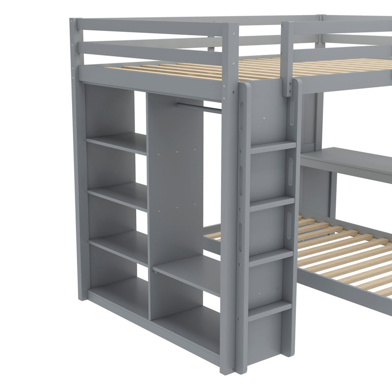 Grand lit superposé au-dessus d'un lit simple en bois, gris