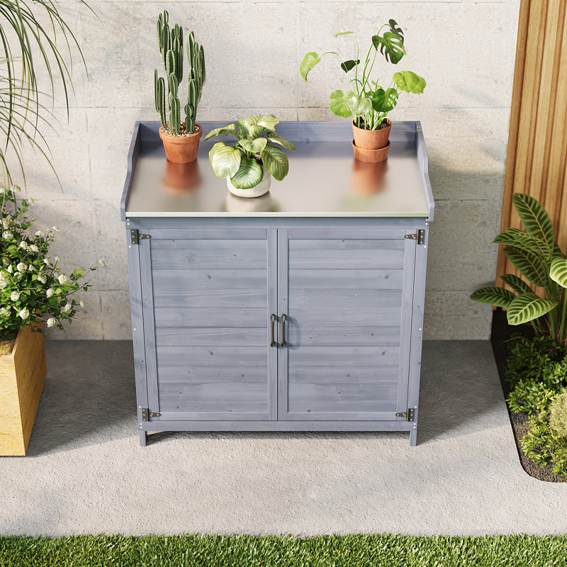 Banc de rempotage en bois avec armoire de rangement et plateau en métal pour la cour, le jardin, Gris