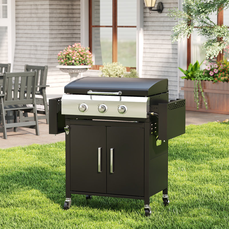  Barbecue au propane à 3 brûleurs et plaque chauffante 28 po avec tablettes latérales pliantes et armoire, barbecue pour l'extérieur