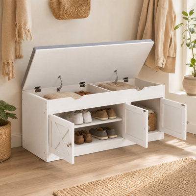 Banc à chaussures avec coussin rembourré et armoires à chaussures, blanc