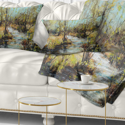 Landscape Creek and Woods Oil Painting Lumbar Pillow