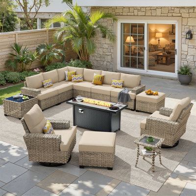 Tommy 10 - Person Outdoor Wicker Patio Conversation Furniture Set With Rocking Swivel Chairs And Fire Pit Table