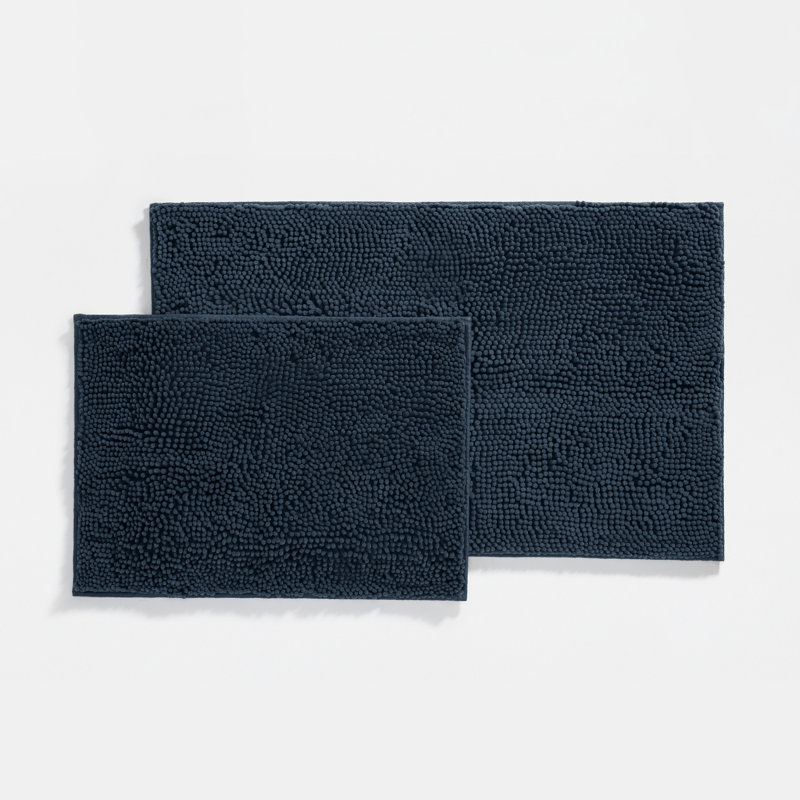 Soft Absorbent Chenille Bath Mat Rug with Anti-Skid Rubber Backing, Navy, Set of 2 - 24" L x 17" W | 34" L x 21" W