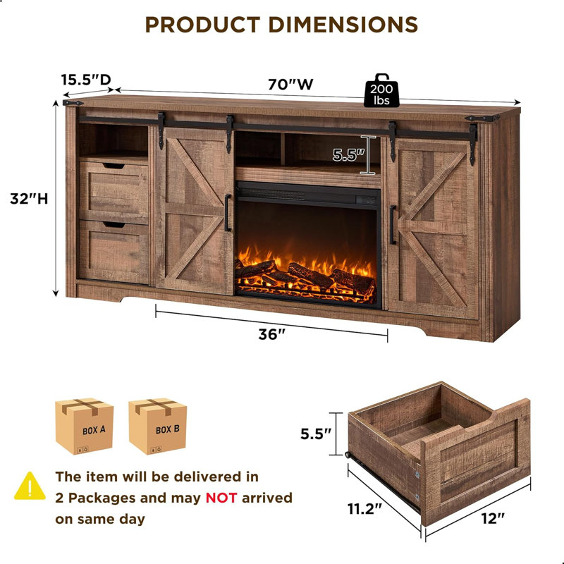 Marckson 70'' Barn Door TV Stand with 36" Electric Fireplace,  Fireplace TV Stand For TVs Up To 80" with Storage Drawers