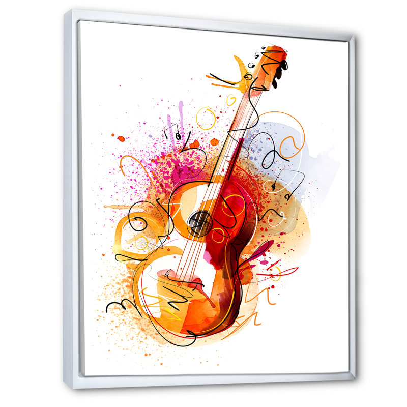 Musique, guitare, dessin abstrait - peinture, H 32 po x l 16 po x P 1 po, Cadre flottant blanc