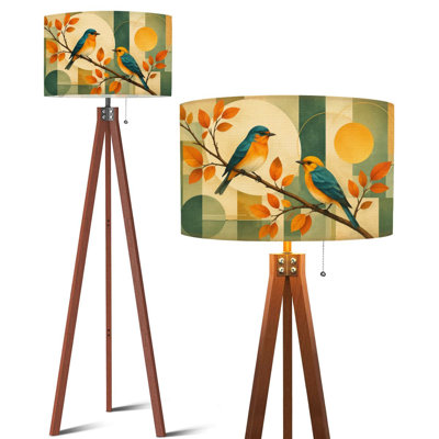 Lampe sur pied vintage, style marin, motif vagues et voilier, télécommande, DEL à intensité variable, pieds en hêtre, abat-jour à tambour amovible en lin, idéal pour le salon, la chambre ou le bureau.