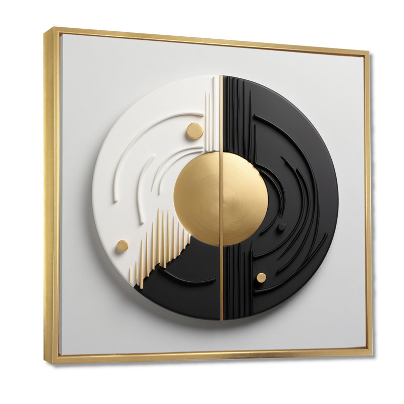 Gold White Black Circle Abstract - Abstract Geometric Wall Art For Living Room, Gold Floater Framed Canvas