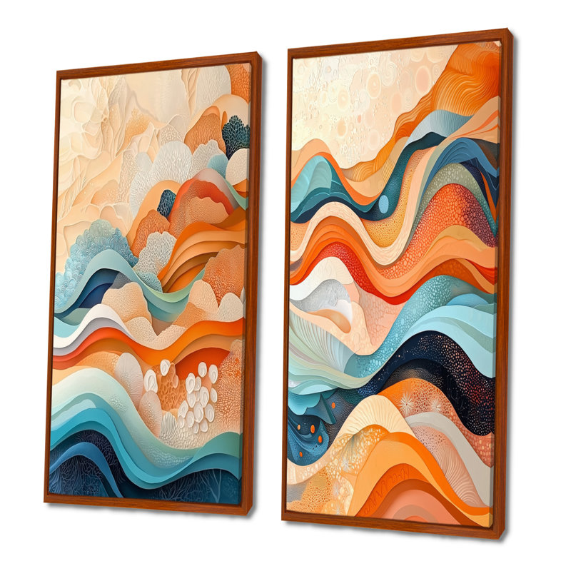 Orange Transitional Spriral Oceanic Waves I - Abstract Wall Decor 2 Panels, 28" H x 25" W, Brown Floater Framed