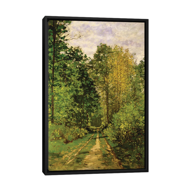 Chemin boisé, 1865 par Claude Monet, reproduction d’art, H 26 po x l 18 po x 1,5 po, Toile avec cadre noir, Pas de tapis