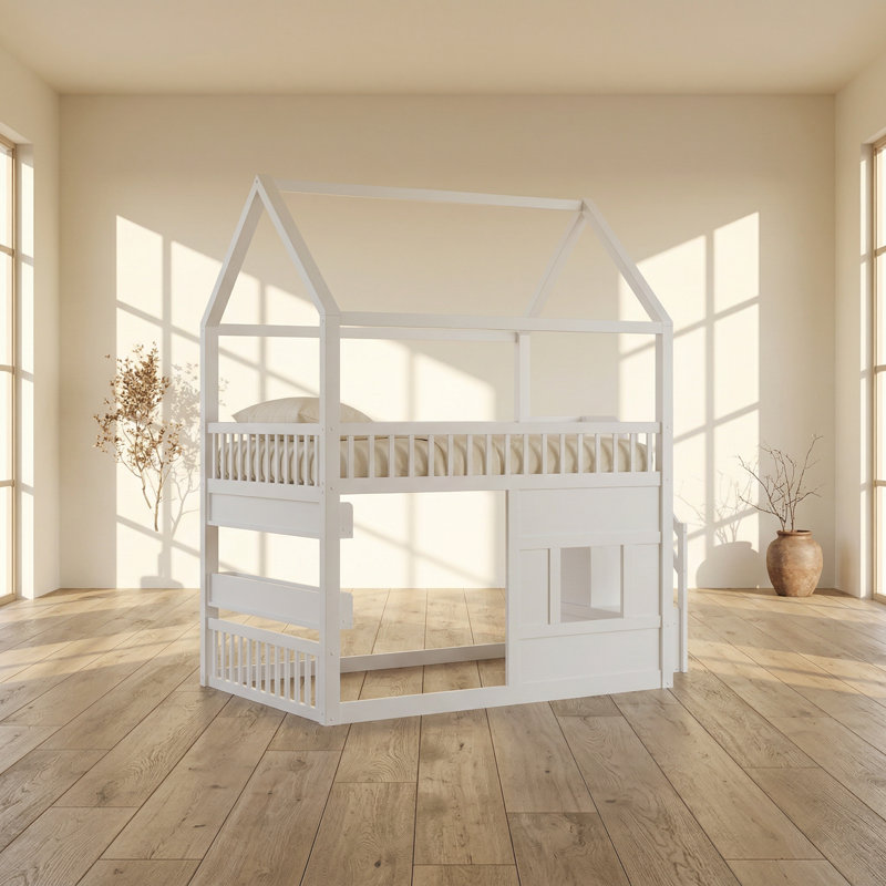 Lit double à tablette en bois massif Aaden l 57,4 po x P 94,2 po x H 97,8 po