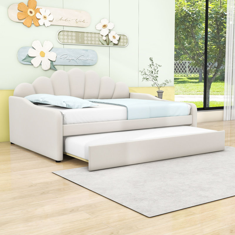 Full Velvet Upholstered Daybed with Trundle, White