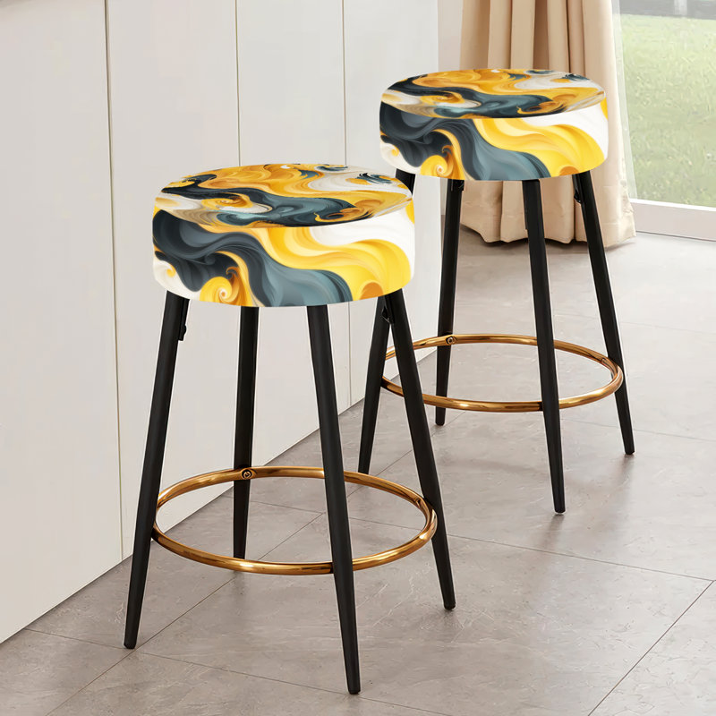 Ensemble de 2 tabourets de bar abstraits jaune et noir Fusion Mid-Century Waves Fusion