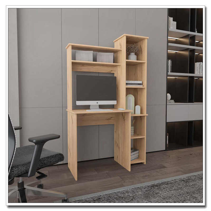 Bureau d'écriture en chêne clair à 6 tablettes avec bibliothèque intégrée, Chêne clair