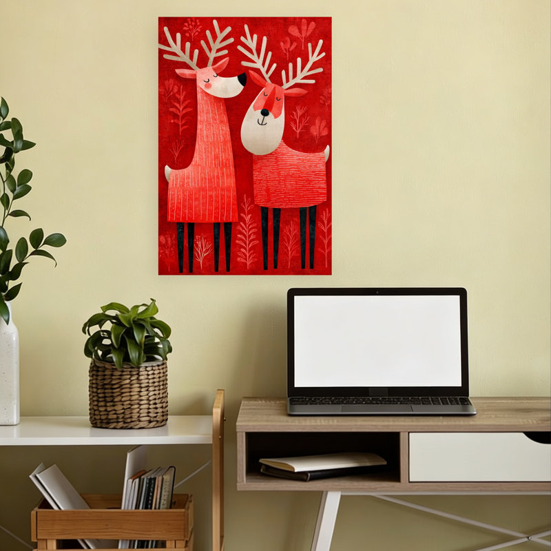 «Happy Reindeer Couple», art mural contemporain d'hiver, 18" H x 12" W