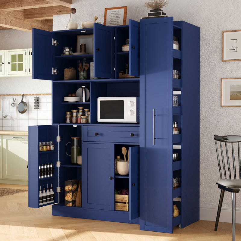 Armoire de cuisine haute avec huche et étagère à épices Isildo, Bleu