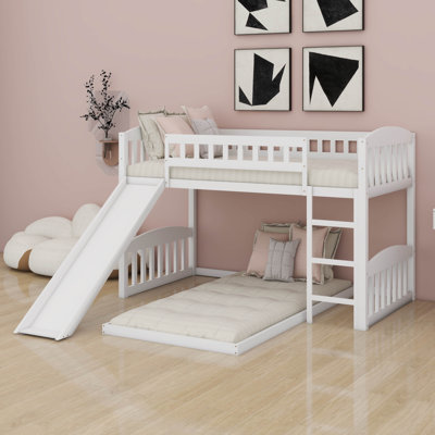 Twin Over Twin Low Bunk Bed With Slide And Ladder, Low Bunk Bed For Kids, Girls, Boys, Floor Bunk Bed