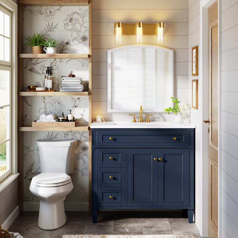 Solid Wood Bathroom Vanity And Tri-color Led Light Set, Blue/Gold, Gold