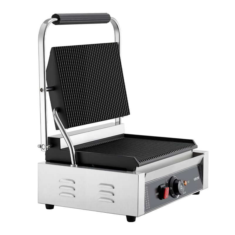 Commercial Panini Grill, 1800W Electric Sandwich Panini Maker, Stainless Steel Sandwichs Press with Handle and Temp Control, 13.5x9.3 in Full Grooved Enamel Plate, for Hamburger Steak Bacon