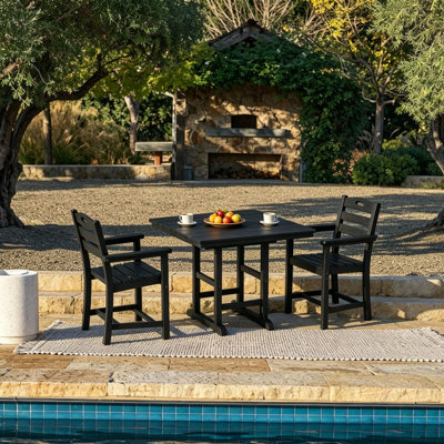 3-piece All Weather Hdpe Spacious Outdoor Table And Chairs Set , Wood-grain Patio Furniture Set With Stylish Armrests For Bistro Patio Balcony