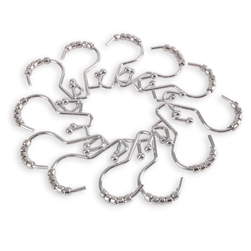Chrome Double Roller Shower Curtain Hooks Set of 12