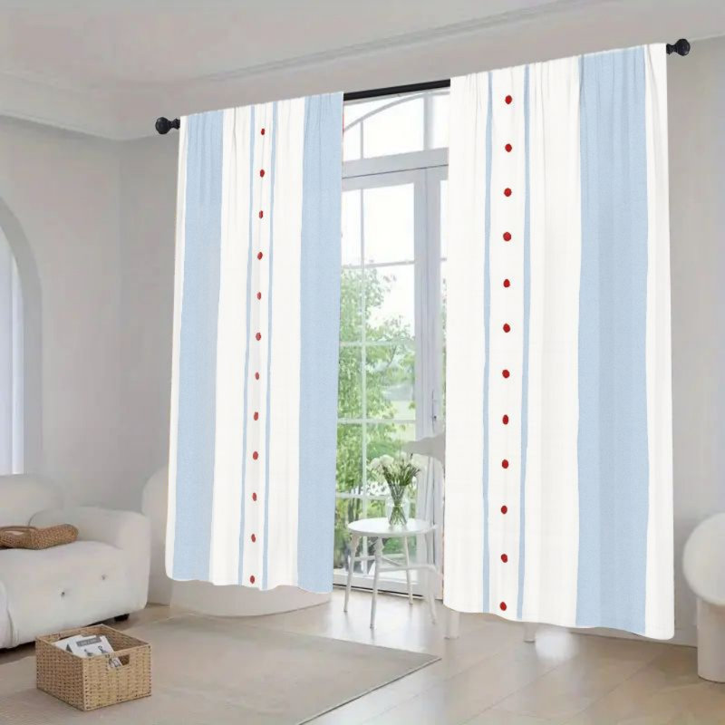 2Pcs Light Blue & White Striped Curtains with Red Dots, Boho Farmhouse Window For Living Room Bedroom Kitchen Rod Pocket Drapes,Decorate