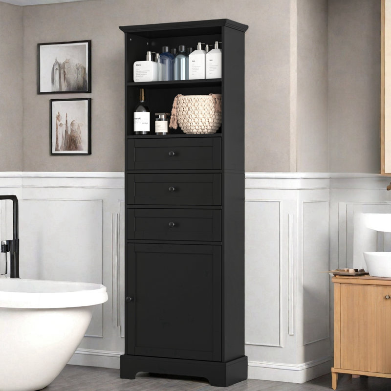 Gloretta Cabinet Narrow Bathroom Storage Cabinet With 3 Drawers, Adjustable Shelves And 2 Open Shelves, Black