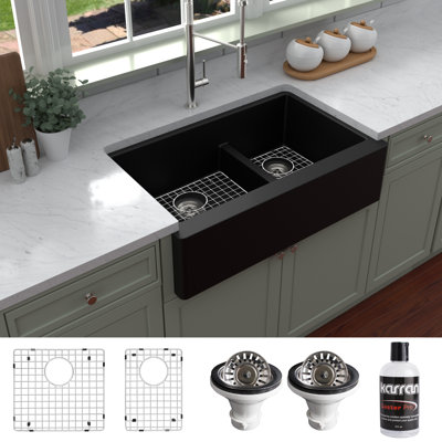 Karran Quartz 34'' X 21-1/4'' 60/40 Double Bowl Farmhouse/Apron Front Kitchen Sink Kit