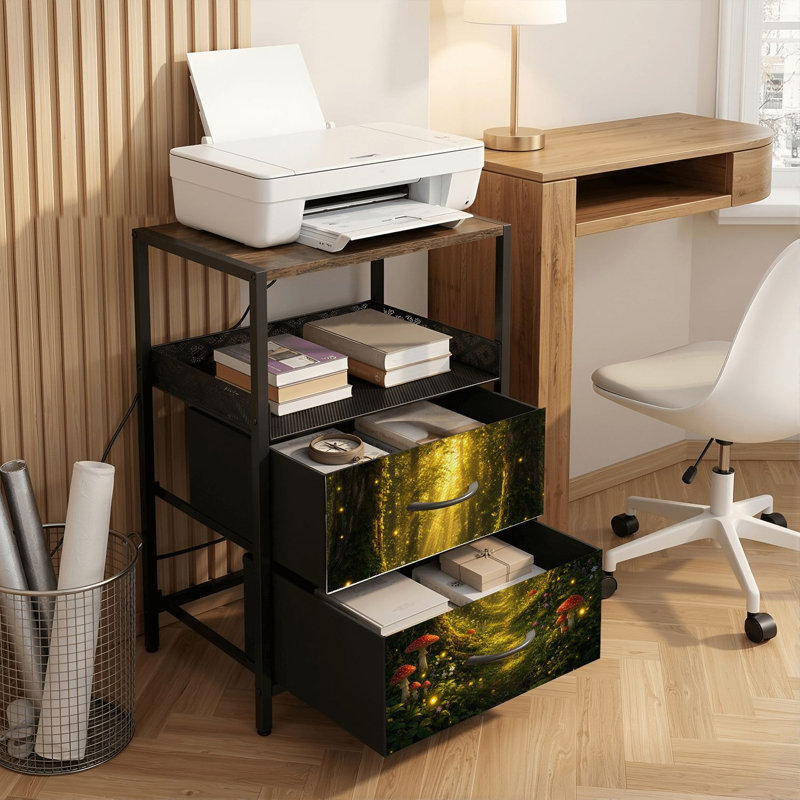Table de chevet 2 tiroirs avec station de charge, table de chevet pour chambre à coucher avec ports USB, tablette ouverte noire, table de chevet avec impression de champignon rouge Sunlight Forest Path
