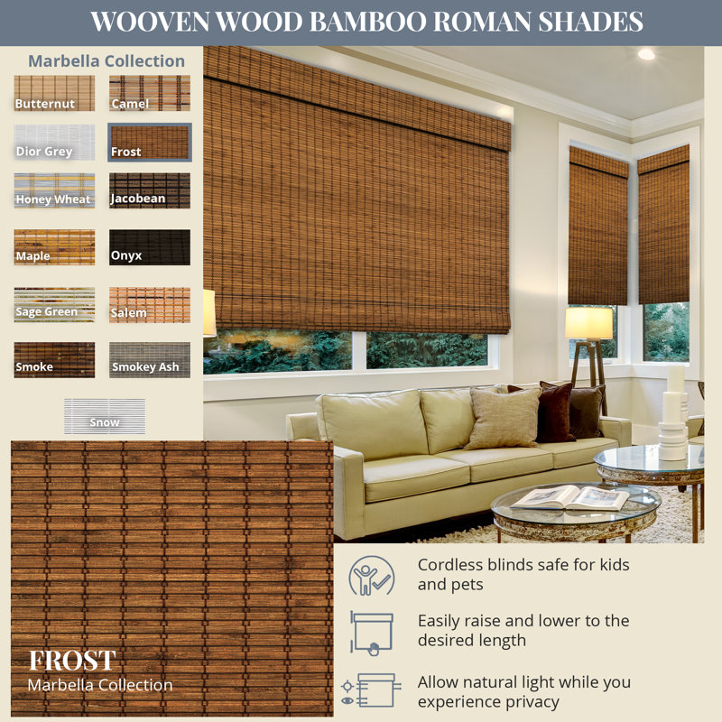 Natural Woven Light Filtering Cordless Bamboo Roman Shades, 28.5"W x 60"L