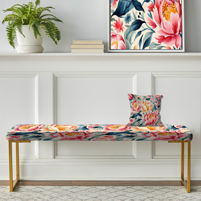 Enchanting Pastel Garden Bouquet - Floral Upholstered Gold Bench