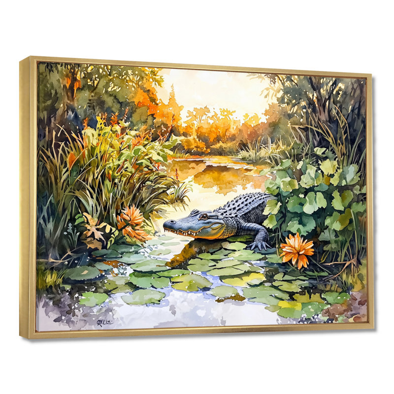 «Swamp Life Of Crocodile III», reproduction sur toile, H 30 po x l 40 po, Impression dans un cadre flottant sans passe-parto