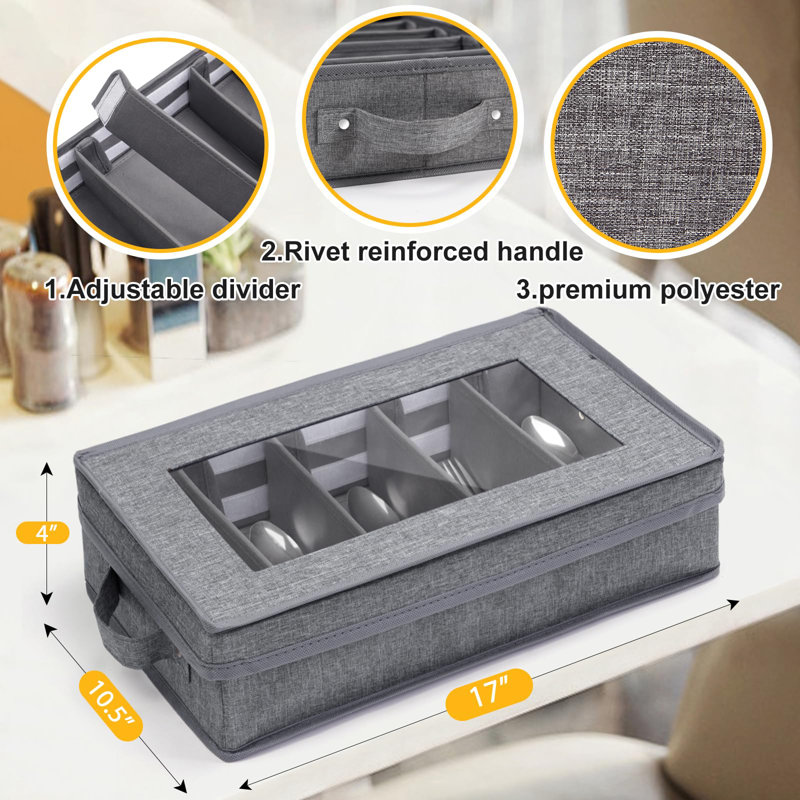 Silverware Storage Box, Flatware Storage, Utensil Storage With Removable Lid And Adjustable Dividers For Organizer Utensils, Cutlery, Flatware, Knives, Large Capacity Grey