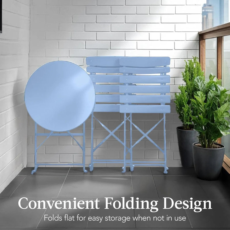 23.5" Dia 3-piece Bistro Set – Space Saving Folding Design & All-weather Solid Steel – For Patio/balcony, Light Blue