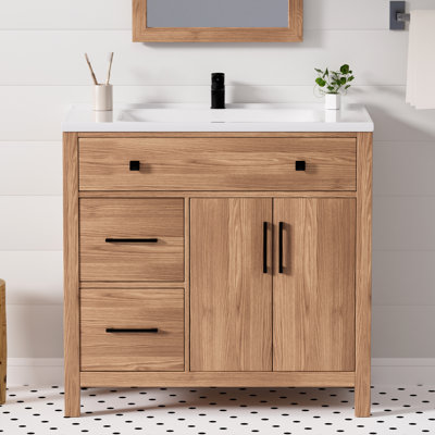 36'' Brown Wood Freestanding Single Bathroom Vanity with White Ceramic Top