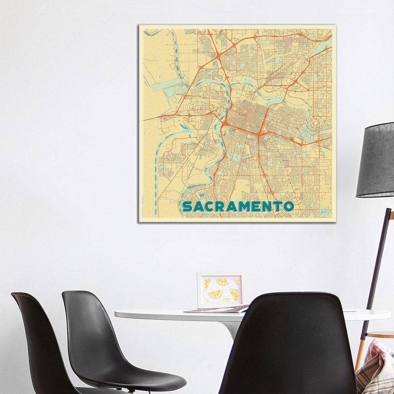 Sacramento Retro Urban Blueprint Map 1 Piece Wrapped Canvas Painting, 93.98 cm H x 93.98 cm W x 1.91 cm D