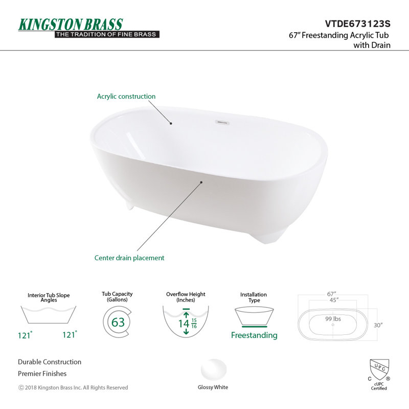 Aqua Eden 67'' x 31'' Freestanding Soaking Bathtub