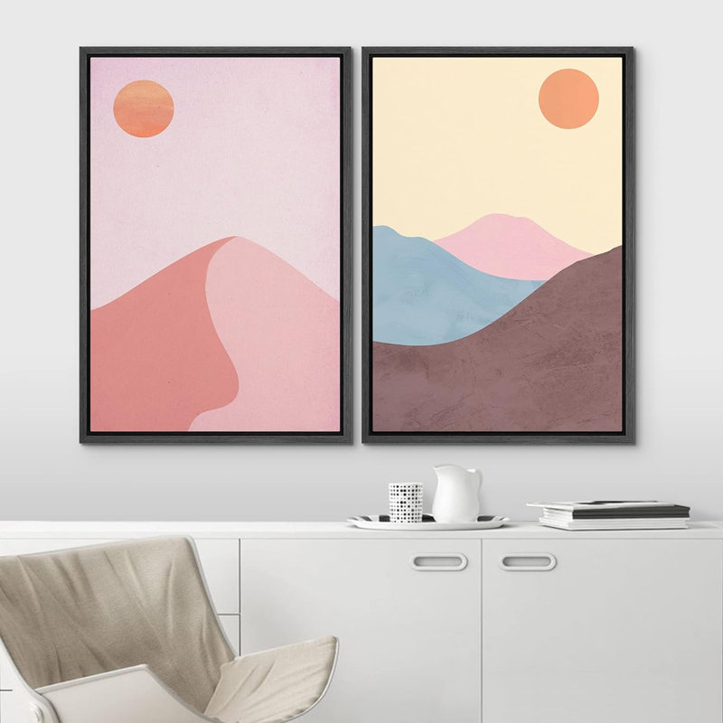 Soleil et lune au-dessus des dunes de sable pastel, géométrique, minimaliste, Mid-Century, moderne, Noir, H 36 po x l 48 po