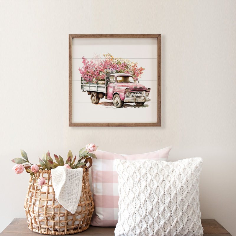 Camion rose avec fleurs blanches, H 4 po x l 4 po