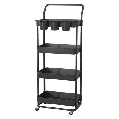 4-Tier Rolling Utility Cart With Handle, Locking Wheels, Hanging Basket And Hook - Multi-Purpose Storage Organizer For Office, Kitchen, Bathroom
