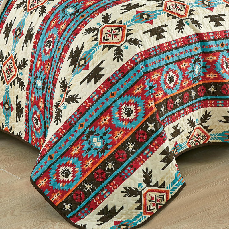 Chezmoi Collection Sanse Set Biancheria Letto Matrimoniale Microfibra Motivo Geometrico Sud-occidentale - 2 Pezzi, Colori Rosso, Marrone, Blu, Crema