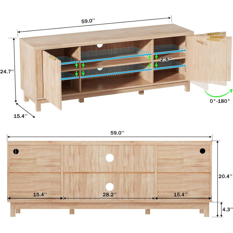 Fluted TV Stand, 59'' TV Stands Entertainment Center with Storage Cabinet, Mid Century Modern TV Cabinet Table for 50/55/60/65 TV, Media TV Consoles for Living Room