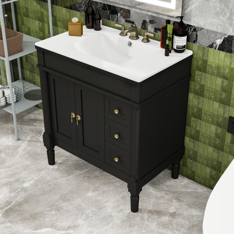 Meuble-lavabo de salle de bain avec 3 tiroirs et tablette ajustable en U, Noir