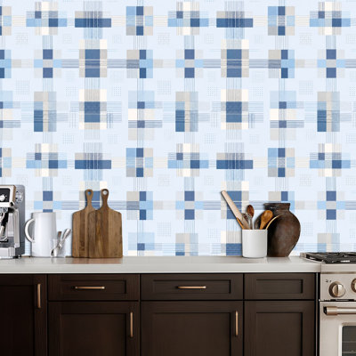 Peel and Stick Wallpaper French farmhouse blue plaid check seamless border Rustic tonal country Contact Paper Removable Self Adhesive Wall Mural Wall Decor for Bedroom Kitchen Cabinets 24in x 118in
