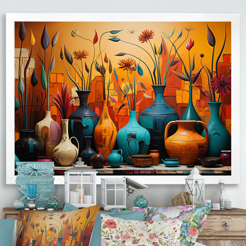 «Orange Boho Pottery Expressions I», art sur toile Boho Pottery, H 34 po x l 44 po x P 1,5 po, Cadre de coin blanc fermé
